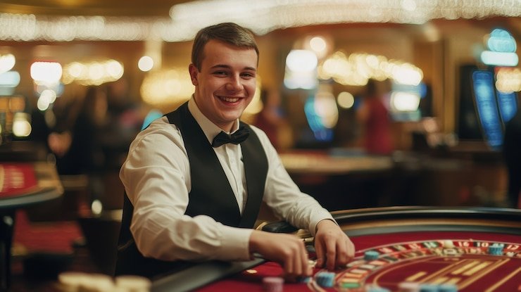 Jackpot celebration with winning players holding stacks of cash prizes